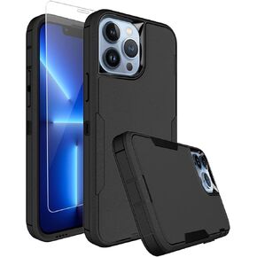 Dahkoiz for iPhone 13 Pro Max Phone Case, with Tempered Glass Screen Protector, Dust-Proof Port Cover, Full Body Non-Slip Rubber Covered, Wear-Resistant & Drop-Proof, Black/Black
