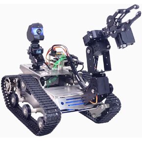Raspberry Pi Smart WiFi Robot Car Kit, with 2DOF Hd Camera 4DOF Robotic Arm Tank Chassis Kit, Remote Control Programmable AI Vehicle Toy Controlled by Android/iOS App PC