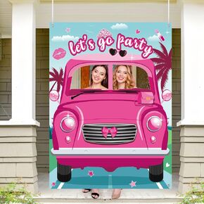 Blosssound Hot Pink Girls Birthday Decorations Pink Photo Booth Props Princess Doll Theme Decor Pink Car Photo Door Banner Let's Go Bachelorette Party Decor for Girls Bridal Shower Pink Party Supplies