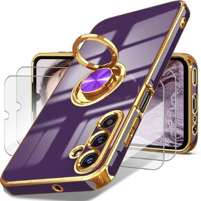 جراب Dretal لهاتف Samsung Galaxy A15 5G، واقي شاشة، حامل حلقي قابل للدوران 360 درجة، مسند مغناطيسي، حافة ذهبية مطلية بغطاء هاتف واقٍ ناعم من مادة TPU لهاتف Galaxy A15 5G (أرجواني)