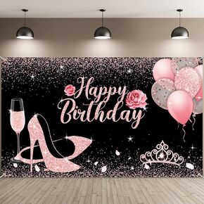 Sumind Happy Birthday Banner Decorations Black Pink Birthday Backdrop Background 6 x 3.6 ft Rose Gold and Black Party Decorations for Women