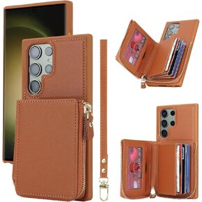 for Samsung Galaxy S22 Ultra Case with Card Holder for Women, for Galaxy S22Ultra Phone Case Wallet with Strap, Zipper Case Cover with Coin Pocket Lanyard for Galaxy S22 Ultra -Red