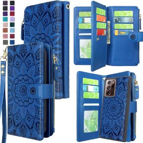 Harryshell Detachable Magnetic Zipper Wallet Leather Case Cash Pocket with 12 Card Slots Holder Wrist Strap for Samsung Galaxy Note 20 Ultra 5G 6.9 inch (2020) (Flower Deep Blue)