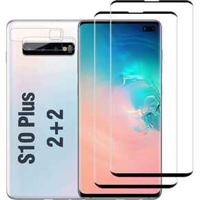 [عبوتان + عبوتان] واقي شاشة وعدسة كاميرا Galaxy S10 Plus، واقي شاشة فائق الوضوح، مضاد للخدش، زجاج مقسى 9H، خالٍ من الفقاعات، دعم بصمات الأصابع، تغطية كاملة ثلاثية الأبعاد