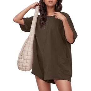 Flygo Women's Romper Short Sleeve Tee Rompers Crewneck Jumpsuit Back V Neck Casual Hot Shot One Piece Outfits with Pockets