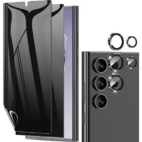LYWHL for Samsung Galaxy S24 Ultra Privacy Screen Protector, Fingerprint Unlock & Sensitive Touch, 2 Pack Anti-Spy Flexible Film + 1 Set Individual Aluminum Metal Camera Lens Protector - Black