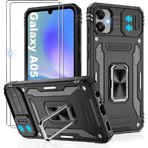 Galaxy A05 Phone Case with Slide Camera Cover and [Screen Protector×2 Pack], Shockproof for Samsung A05 Case with 360°Magnetic Ring Holder Kickstand,Case for Samsung Galaxy A05 Black