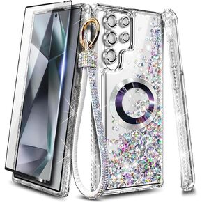 حافظة NGB Supremacy مصممة لهاتف Samsung Galaxy S24 Ultra مغناطيسية لـ MagSafe، واقي شاشة من الزجاج المقسى / واقي عدسة الكاميرا / حبل حزام المعصم، حافظة لطيفة سائلة لامعة (ألماس) in Kuwait