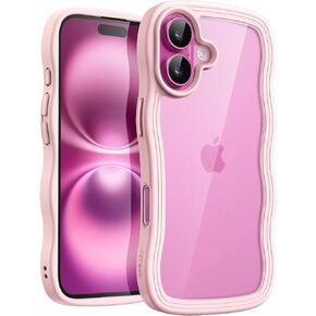 JETech Wavy Case for iPhone 16 Plus 6.7-Inch, Cute Wave Frame Curly Shape Shockproof Phone Cover for Women and Girls, Clear Hard PC Back (Light Pink)