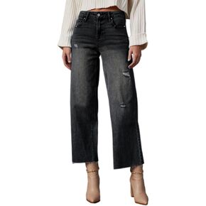 Allimy Women's High Waisted Straight Ankle Wide Leg Ripped Jeans Frayed Hem Stretchy Capri Denim Pants