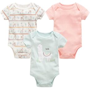 Baby Bodysuits 3-Pack - Summer Short Sleeve Rompers with Cute Embroidered Designs