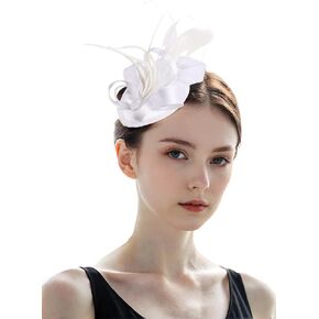 Fascinator Hats for Women Feather Headband Kentucky Headpiece Gatsby Derby Hat for Cocktail Wedding Tea Party (US, Alpha, Medium, Satin White)