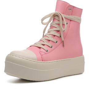 High Top Sneakers for Women Thick Shoe Lace-up PU Leather Platform Shoes Comfort Walking Shoes with Zipper Black/Milk White