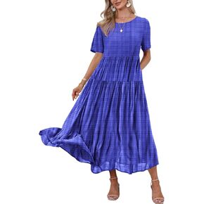 YESNO Women Casual Loose Bohemian Dress with Pockets Short Sleeve Long Maxi Summer Beach Swing Dress (XL EJF Solid C Light Blue)