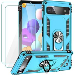 for Google Pixel 6a Case with Tempered Glass Screen Protector [2 Pack], Military-Grade Armor Shockproof Protective Phone Cover with Ring Magnetic Kickstand for Pixel 6a, Blue