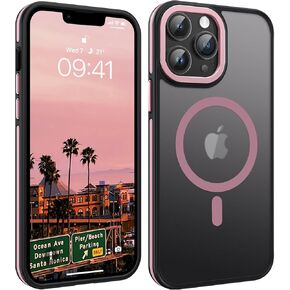 YINLAI Case for iPhone 13 Pro Max 6.7-Inch, Magnetic [Compatible with Magsafe] Supports Wireless Charging Slim Translucent Matte Men Women Girl Shockproof Protective Back Phone Cover, Black/Pink