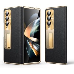 for Samsung Galaxy Z Fold 4 Case, Electroplated Frame, Luxury Leather Back, Full Magnetic Hinge Protective, Screen Protector, Metal Stand, Thin & Slim Stand Phone Cover 5G 2023, Black