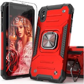 for iPhone Xs Max Case with Screen Protector,Shock Absorption Heavy Duty Drop Test Cover with Car Mount Kickstand Lightweight Protective Phone Case for iPhone Xs Max,Red