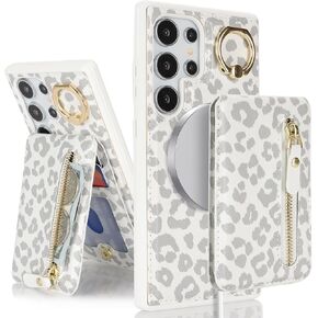 for Samsung Galaxy S24 Ultra case with Card Holder, for Galaxy S24 Ultra Phone Case Wallet for Women magsafe Compatible Wallet Detachable 2-in-1 for Men-White Leopard