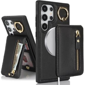 for Samsung Galaxy S24 Ultra case with Card Holder, for Galaxy S24 Ultra Phone Case Wallet for Women magsafe Compatible Wallet Detachable 2-in-1 for Men-White Leopard