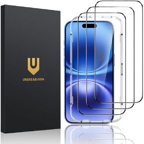 UNBREAKcable 3 Pack Screen Protector for iPhone 16, [9H Hardness] [Military Grade Shatterproof] Full Coverage Tempered Glass Film with Easy Installation Tool, HD Clear, Scratch Resistant