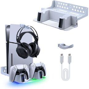 Wigearss Wall Mount Kit with Customizable RGB Lighting and Fast-Charging Station Compatible with PS5/PS5 Slim, Dual Controller Charger, Headphone Hanger, Multi-Mode RGB Light - White