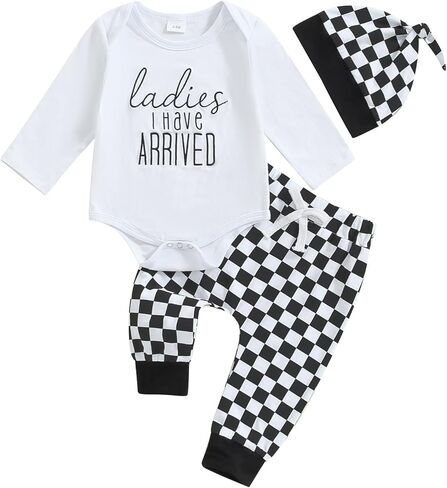BULINGNA Newborn Baby Boy Coming Home Outfit Long Sleeve Letter Print Romper Checkered Pants Hat infant Checkerboard Outfit in Kuwait