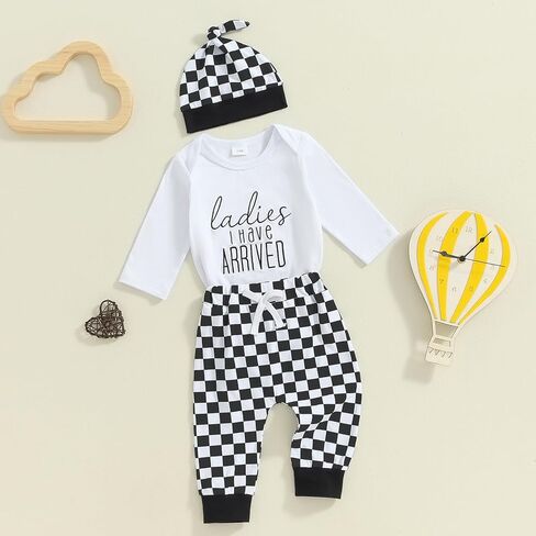 BULINGNA Newborn Baby Boy Coming Home Outfit Long Sleeve Letter Print Romper Checkered Pants Hat infant Checkerboard Outfit in Kuwait