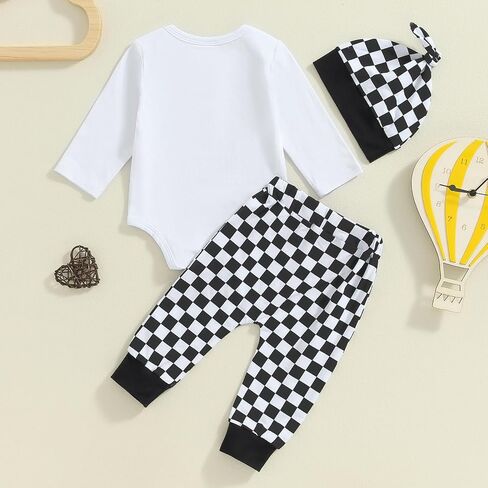 BULINGNA Newborn Baby Boy Coming Home Outfit Long Sleeve Letter Print Romper Checkered Pants Hat infant Checkerboard Outfit in Kuwait