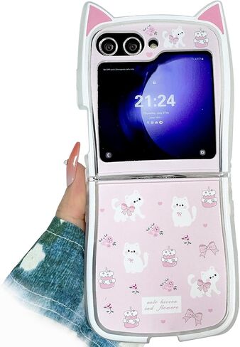 حافظة Kawaii Woman لهاتف Samsung Galaxy Z Flip 6 بتصميم آذان القطط، حافظة كرتونية لطيفة لهاتف Galaxy Z Flip 6 Kitty على شكل غطاء ناعم من مادة TPU، حافظة بناتي مضحكة مبتكرة لهاتف Z Flip 6 - وردي in Kuwait