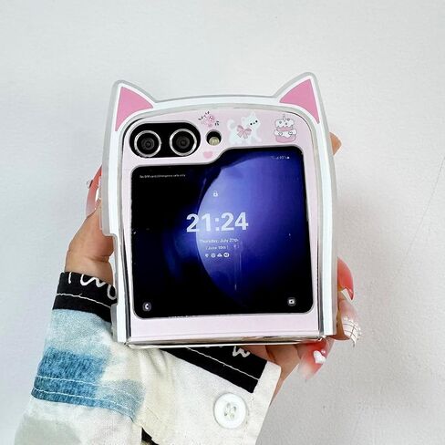حافظة Kawaii Woman لهاتف Samsung Galaxy Z Flip 6 بتصميم آذان القطط، حافظة كرتونية لطيفة لهاتف Galaxy Z Flip 6 Kitty على شكل غطاء ناعم من مادة TPU، حافظة بناتي مضحكة مبتكرة لهاتف Z Flip 6 - وردي in Kuwait
