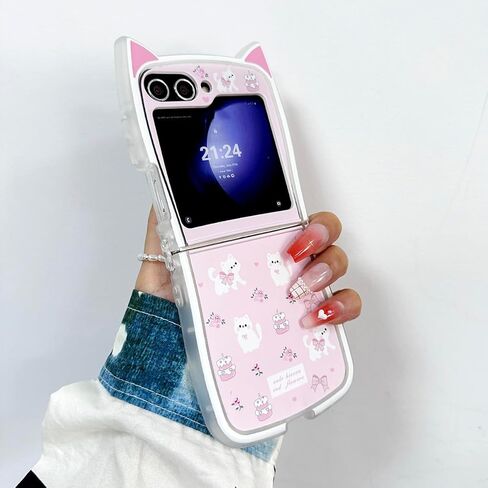 حافظة Kawaii Woman لهاتف Samsung Galaxy Z Flip 6 بتصميم آذان القطط، حافظة كرتونية لطيفة لهاتف Galaxy Z Flip 6 Kitty على شكل غطاء ناعم من مادة TPU، حافظة بناتي مضحكة مبتكرة لهاتف Z Flip 6 - وردي in Kuwait