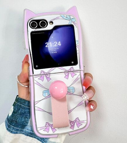 حافظة Kawaii Woman لهاتف Samsung Galaxy Z Flip 6 بتصميم آذان القطط، حافظة كرتونية لطيفة لهاتف Galaxy Z Flip 6 Kitty على شكل غطاء ناعم من مادة TPU، حافظة بناتي مضحكة مبتكرة لهاتف Z Flip 6 - وردي in Kuwait