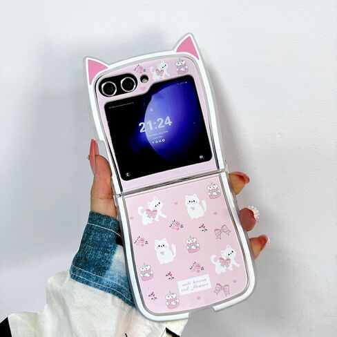 حافظة Kawaii Woman لهاتف Samsung Galaxy Z Flip 6 بتصميم آذان القطط، حافظة كرتونية لطيفة لهاتف Galaxy Z Flip 6 Kitty على شكل غطاء ناعم من مادة TPU، حافظة بناتي مضحكة مبتكرة لهاتف Z Flip 6 - وردي in Kuwait