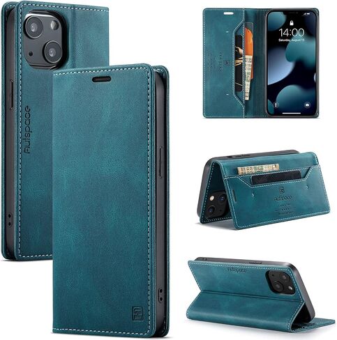 for iPhone 13 Mini Case, Vintage Wallet Case Card Holder Kickstand Built-in Magnetic Flip Folio Leather Case for iPhone 13 Mini - Blue in Saudi Arabia