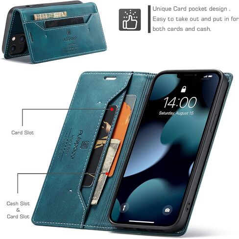 for iPhone 13 Mini Case, Vintage Wallet Case Card Holder Kickstand Built-in Magnetic Flip Folio Leather Case for iPhone 13 Mini - Blue in Saudi Arabia