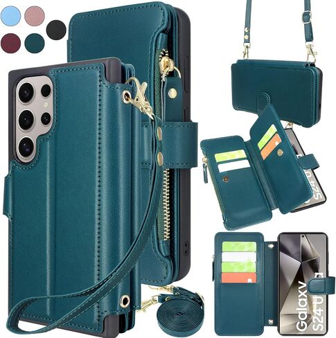 Harryshell Crossbody for Samsung Galaxy S24 Ultra 5G Case Wallet [8 Card Slots] with [Theft-Scan Blocking],Cash Coin Zipper Pocket Long Shoulder & Wrist Strap for S24 Ultra 6.8 Inch (Teal) in Saudi Arabia