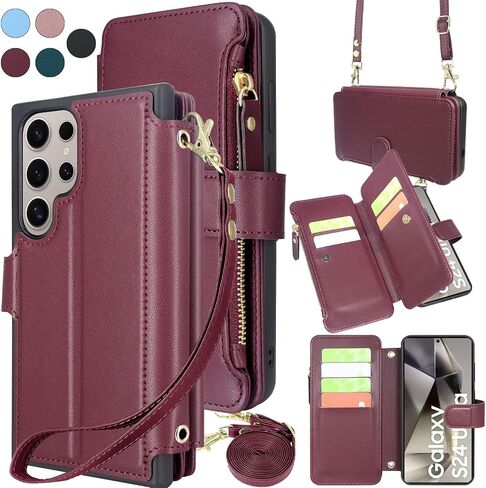 محفظة Harryshell Crossbody لهاتف Samsung Galaxy S24 Ultra 5G [8 فتحات للبطاقات] مع [حجب للسرقة]، جيب طويل بسحاب للعملة النقدية وحزام معصم لهاتف S24 Ultra 6.8 بوصة (أزرق مخضر) in Saudi Arabia