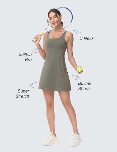 BEGOING Tennis Dress for Women Square Neck Workout Dress with Shorts and Removable Exercise Bra Golf 2in1 Active Dresses A-White in Saudi Arabia