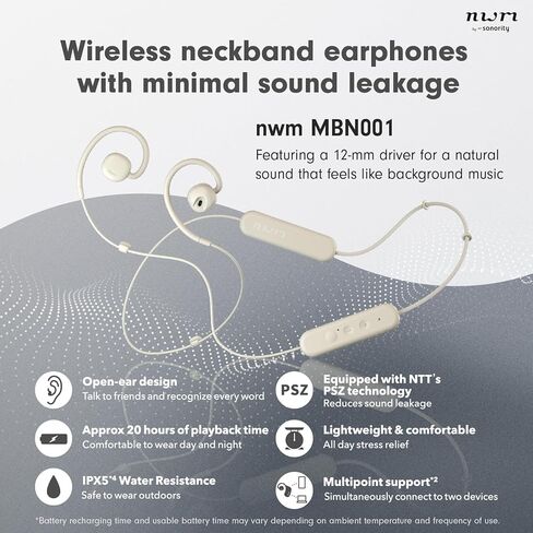 مكبرات صوت nwm NTT Sonority اللاسلكية ذات الأذن المفتوحة (شريط حول الرقبة) مع تقنية PSZ MBN001 أبيض وبيج in Saudi Arabia