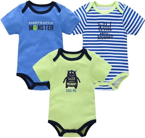 Baby Bodysuits 3-Pack - Summer Short Sleeve Rompers with Cute Embroidered Designs in Saudi Arabia