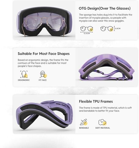 نظارات OTG على الجليد للرجال والنساء البالغين، نظارات التزلج على الجليد ذات العدسات المزدوجة مع مكافحة الضباب للحماية من الأشعة فوق البنفسجية للفتيات in Kuwait
