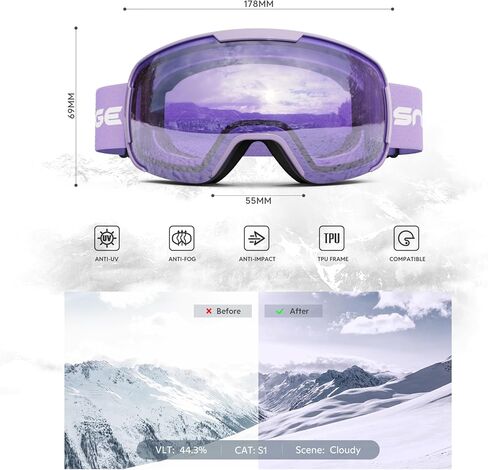 نظارات OTG على الجليد للرجال والنساء البالغين، نظارات التزلج على الجليد ذات العدسات المزدوجة مع مكافحة الضباب للحماية من الأشعة فوق البنفسجية للفتيات in Kuwait
