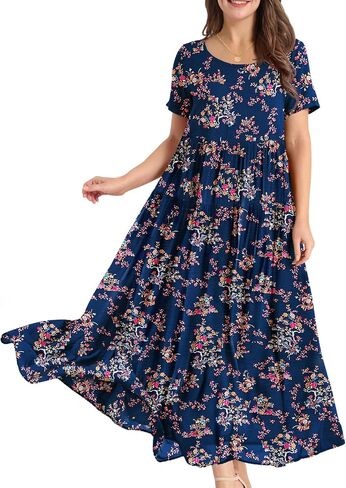 YESNO Women Casual Loose Bohemian Dress with Pockets Short Sleeve Long Maxi Summer Beach Swing Dress (XL EJF Solid C Light Blue) in Saudi Arabia