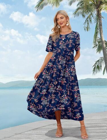 YESNO Women Casual Loose Bohemian Dress with Pockets Short Sleeve Long Maxi Summer Beach Swing Dress (XL EJF Solid C Light Blue) in Saudi Arabia