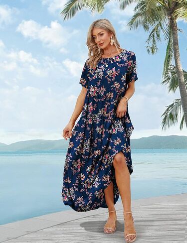 YESNO Women Casual Loose Bohemian Dress with Pockets Short Sleeve Long Maxi Summer Beach Swing Dress (XL EJF Solid C Light Blue) in Saudi Arabia