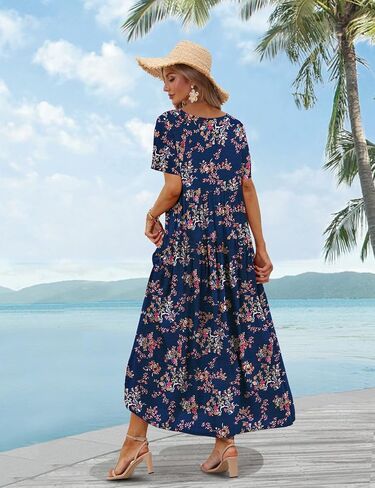 YESNO Women Casual Loose Bohemian Dress with Pockets Short Sleeve Long Maxi Summer Beach Swing Dress (XL EJF Solid C Light Blue) in Saudi Arabia