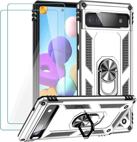 حافظة لهاتف Google Pixel 6a مع واقي شاشة من الزجاج المقوى [عبوة من قطعتين]، غطاء هاتف واقٍ مقاوم للصدمات من الدرجة العسكرية مع مسند مغناطيسي حلقي لهاتف Pixel 6a، أزرق in Saudi Arabia