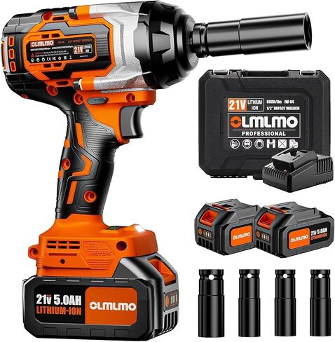 olmlmo 1/2 inch Impact Wrench Cordless, Max Torque 800Ft-lbs 20V Brushless Motor 2000 RPM, with 5 Sockets, 3 Extension Bars, 2 x 5000 Mah Battery and 1 Fast Charger in Saudi Arabia