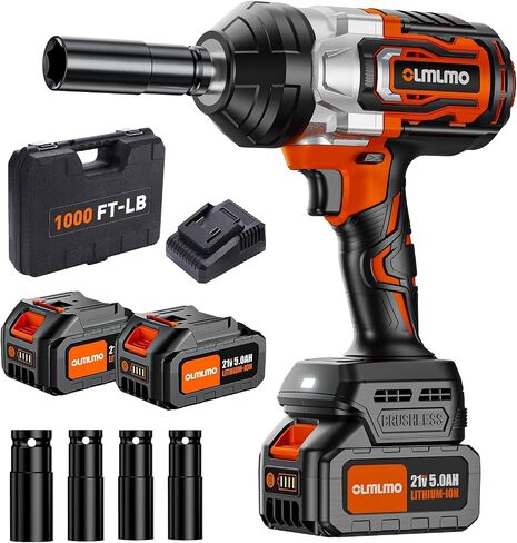 olmlmo 1/2 inch Impact Wrench Cordless, Max Torque 800Ft-lbs 20V Brushless Motor 2000 RPM, with 5 Sockets, 3 Extension Bars, 2 x 5000 Mah Battery and 1 Fast Charger in Saudi Arabia
